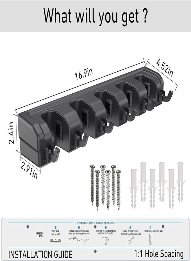 BAREPEPE Mop Holder and Broom Holder, 5 Slot Position with 6 Hooks Brooms Holder Wall Mounted,Heavy Duty Home Garden Garage and Storage Organizer - Image 5